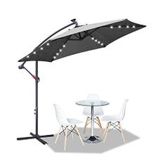 Tubiaz Parasoll 350 cm trafikljus stor LED sol inkl. vevparaply med stativ UV-skydd parasol vattentät trädgårdsparaply för balkong, trädgård, terrass, grå, GRÅ, Ø350 cm mit LED
