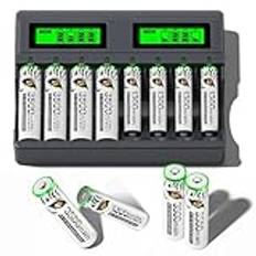 Mspalocell 4 AA batteri 1,5 V laddningsbart med laddare, 4 litium laddningsbara batterier AAA med 8 platser USB C Type-C oberoende laddning LCD intelligent snabbladdare för batteri AA AAA