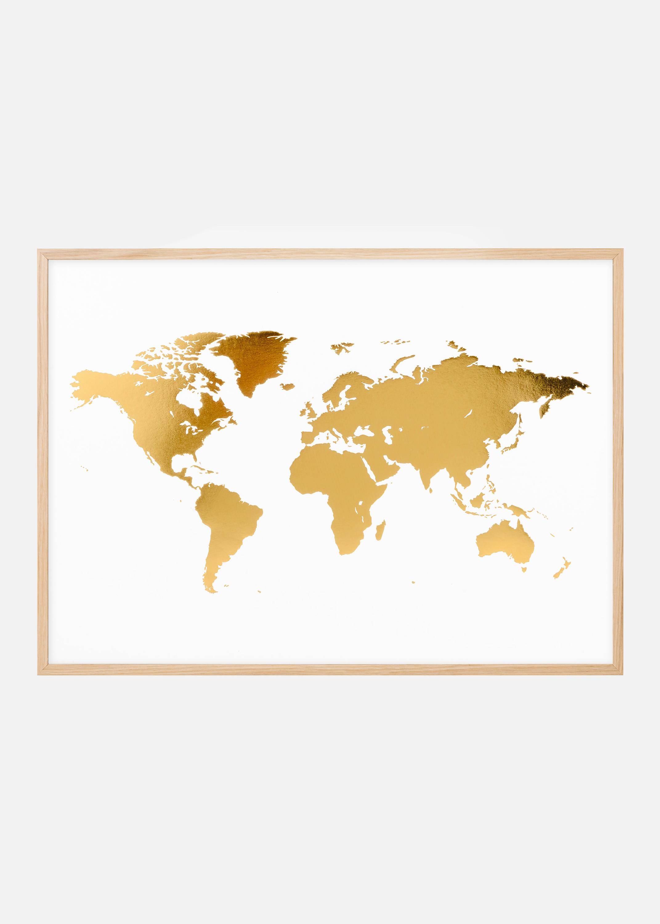 Världskarta i Guld - Folierad Poster (40x50 cm)