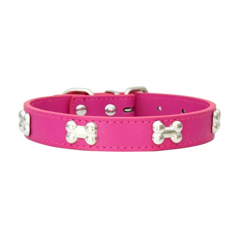 Durable Leather Dog Collar with Bone Design for Small to Large Dogs - Rose Red / XS（old） (XS（old）)
