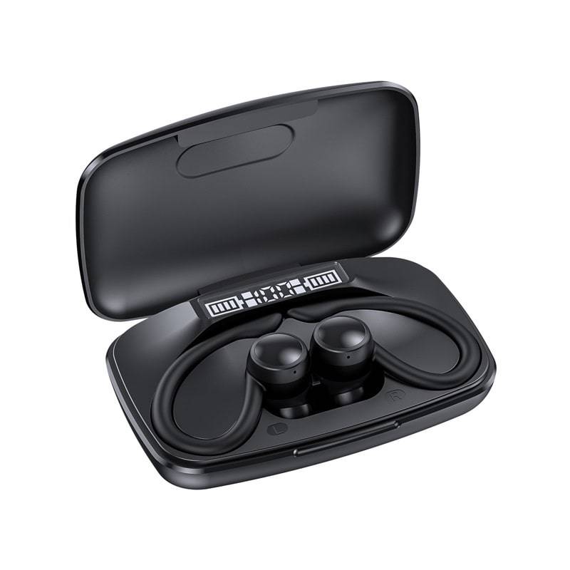 True Wireless Bluetooth T82 Høretelefoner med ørekrog. Ægte TWS og Opladningsetui. Sort.