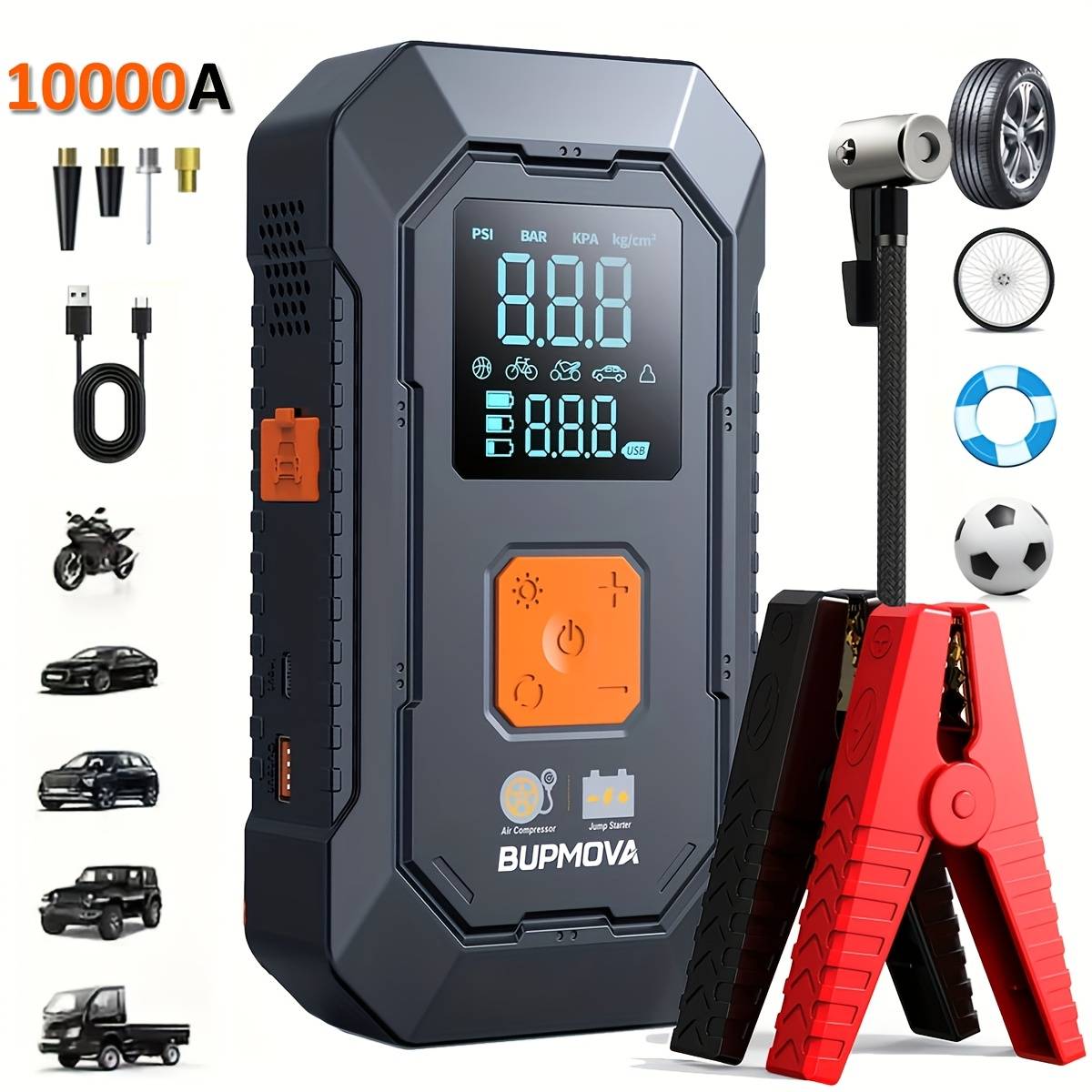 TEMU 8000a Car Jump Starter With Air Compressor Cordless Tire Inflator, Battery Booster With Power Bank Pack & Led Flashlights, 12v Auto Jumper Gas Or 10.0l Vehicles