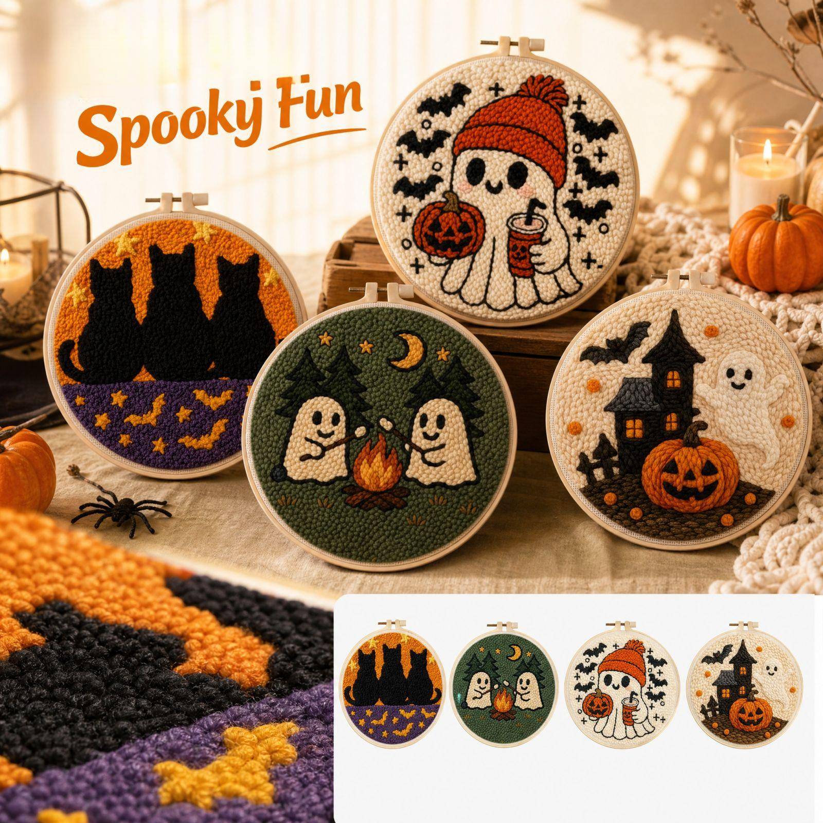 Halloween Punch Needle Broderikit med Garn, DIY Materialset för Vuxna och Barn