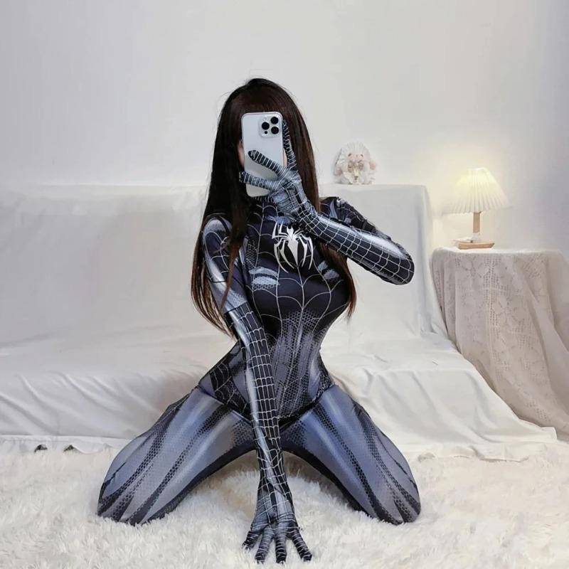 Sexig spindel-cosplaydräkt för kvinnor Halloween Jumpsuit Kostym Fullt Korsett för Kvinnor Bodysuit Festlig Outfit Karnevalsfestklänning cm svart