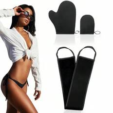 3-i-1 Self Tanning Kit - Self Tanning Handskar, Back Applikator, Mini Face Tanning Mitt - Sträckfri, Jämn applicering, Sammetsmjuk, Återanvändbar, Tvä - Svart (En-Storlek,Rosa (3 st),Brun (3 st))