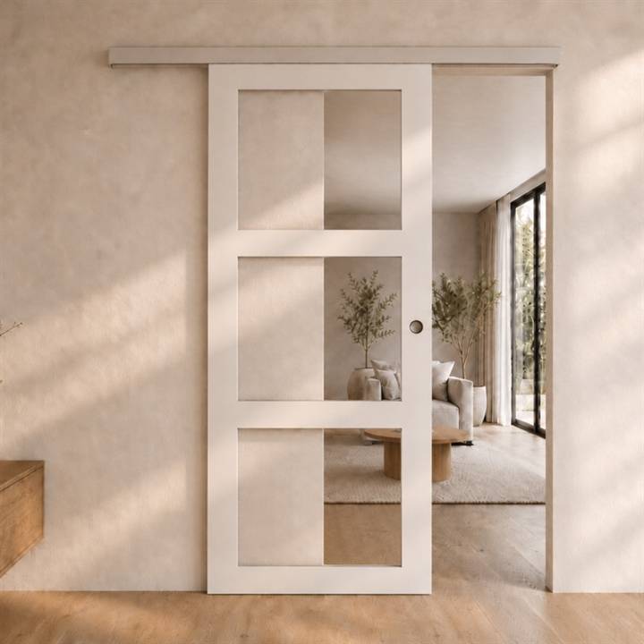 Kvadrat 3 massiv glas skydedør med sølv kappe - Safco Doors, M8x21 (72,5 x 204 cm)