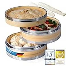 Dimono® Bamboo med rostfritt stål, 2 Tier Steamer med lock, Steamer Basket Rice Cooker Bamboo Cooker för Sim Sum Dumplings, grönsaker, ris, kött, fisk (Ø 20 cm)