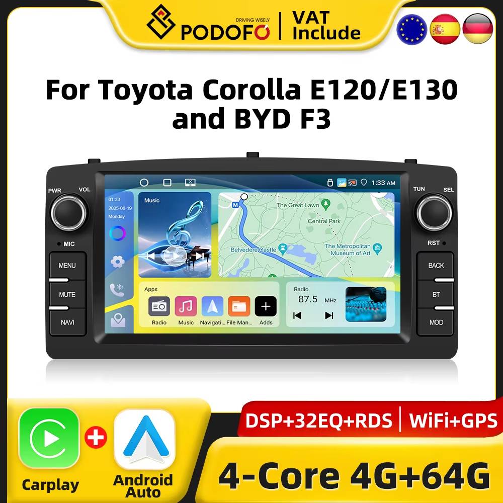 Podofo 7" CarPlay Android Car Radio For Toyota Corolla E120 E130 Car Multimedia Player 2din GPS Stereo Receiver Car Intelligent System FM RDS Autoradio Dash Board Head Unit