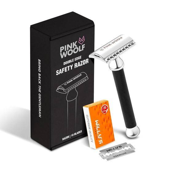 Pink Woolf Män Dubbelrakblad Säkerhetsrakhyvel ÖPPEN KAM OC70, Diamanträfflat Handtag För Våtrakning Och En Riktigt Nära Rakning, Förpackning med 1 (SVART)
