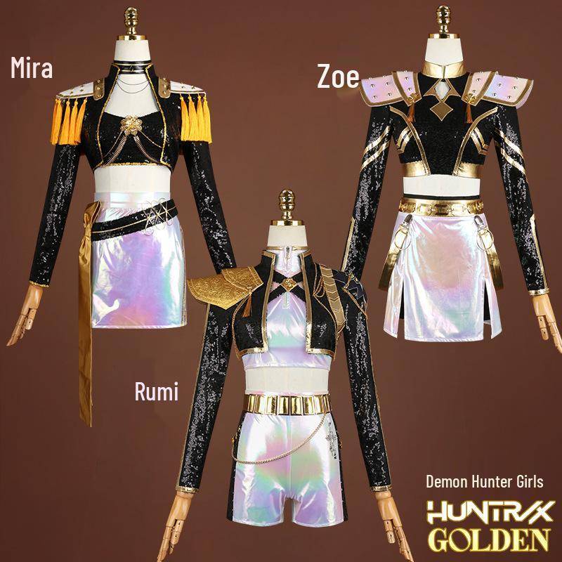 Kpop Monster Hunter Haxa Grupp Cosplay: Rumi Anime, Zoe Sjunger, Mira Svart & Guld Kostym cm black