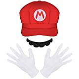 AOMIG Mario Kostymtillbehör Kit för Kvinnor Män Barn, Luigi Hattar Keps Mustascher Vita Handskar, Fancy Dress Up för Party Carnival Costume