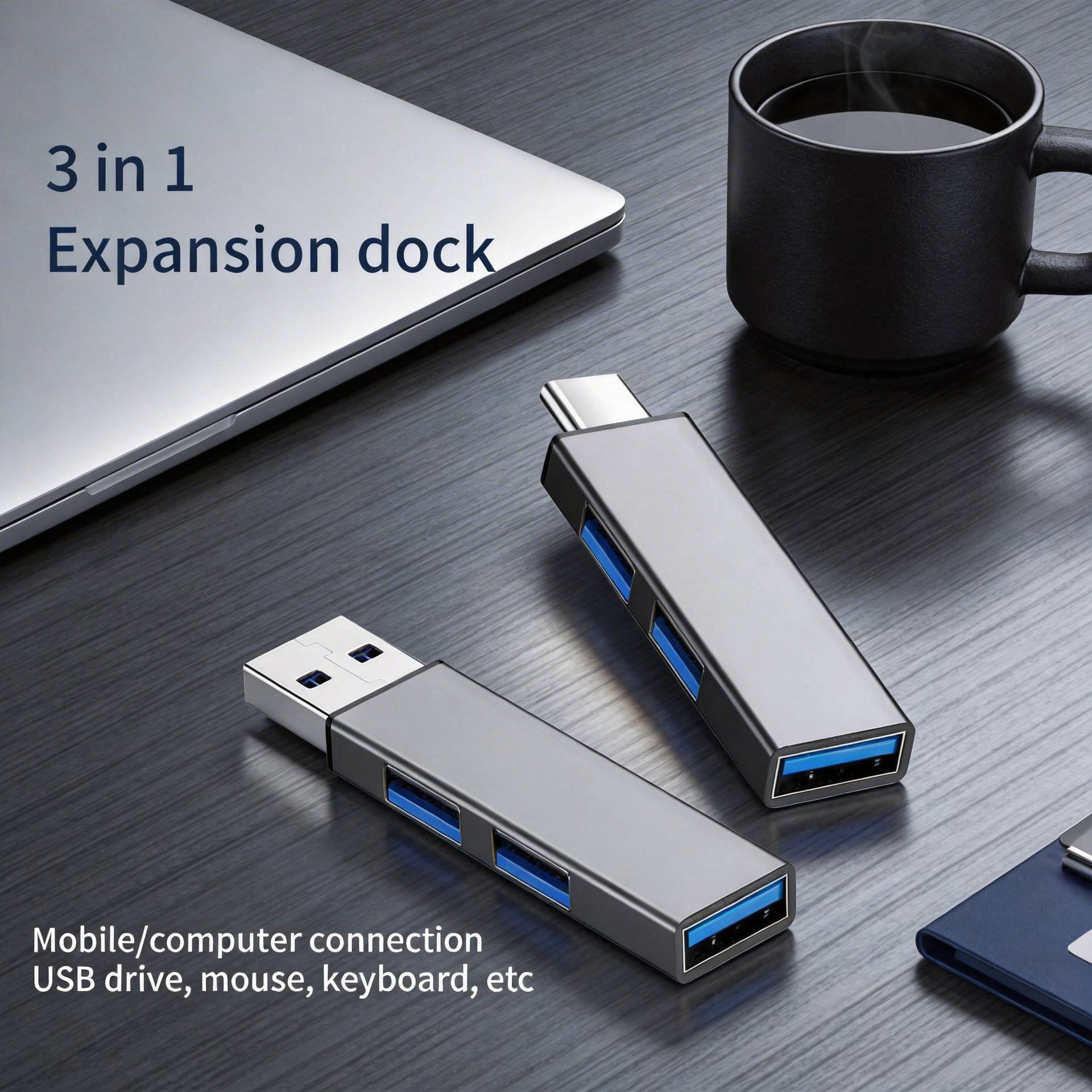 USB 3.0 3-Port USB Hub, USB-C Ultra-Slim Split Hub Power Adapter Multi-Port Expander for PC, Laptop, Tablet, USB Devices & More