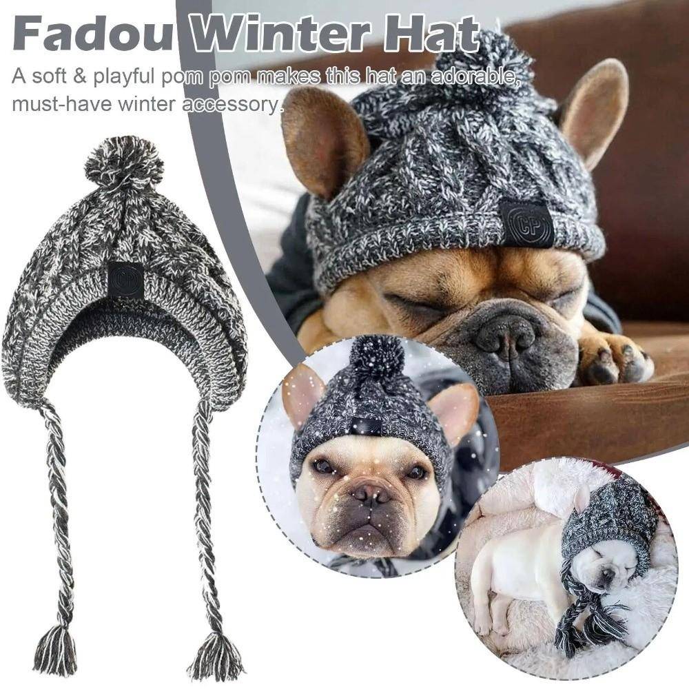Nya Varma Vinterhundhattar Vindtäta Stickade Fluffig Boll Husdjurshatt Chihuahua Hatt Fransk Bulldoggshatt Valptillbehör För Hundar
