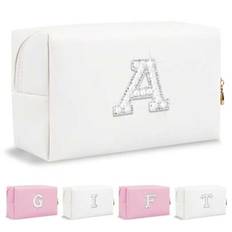 PU Vattentät sminkväska, brevdesign sminkpåse Kosmetisk toalettväska Faux Pearl Rhinestone Letter Patches Bling Liten vit smink Bärbar dragkedja Resea - Vitt (L,M,S,A,B,C,D,E,F,G,H,I,J,K,N,O,P,Q,R,T,U,V,W,X,Y,Z)