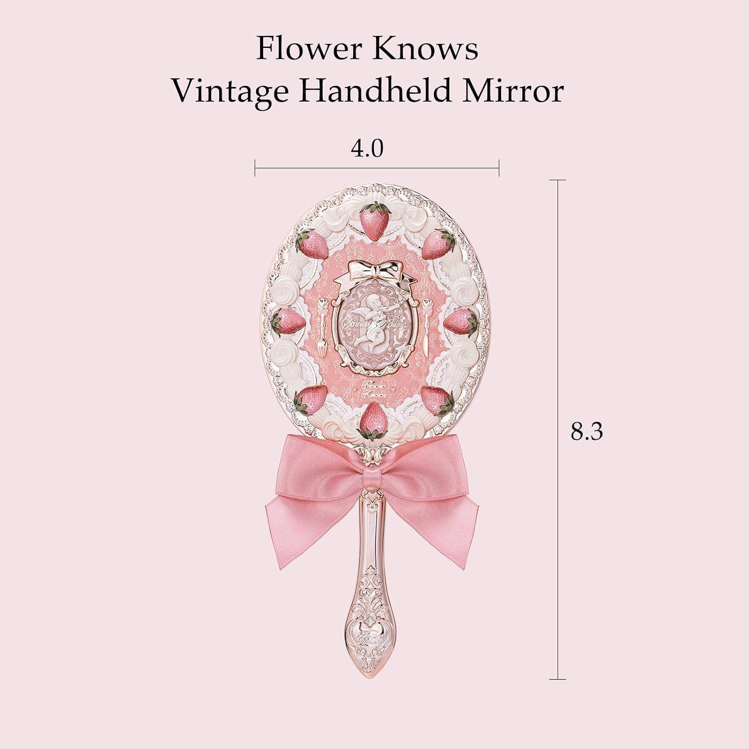 Flower Knows JordgubbsCupid Handpegel, Vintage Handhållen Spegel, Snygg & Vacker Prinsessspegel med Långt Handtag, Gåva för Flickor & Kvinnor(Mjölkros