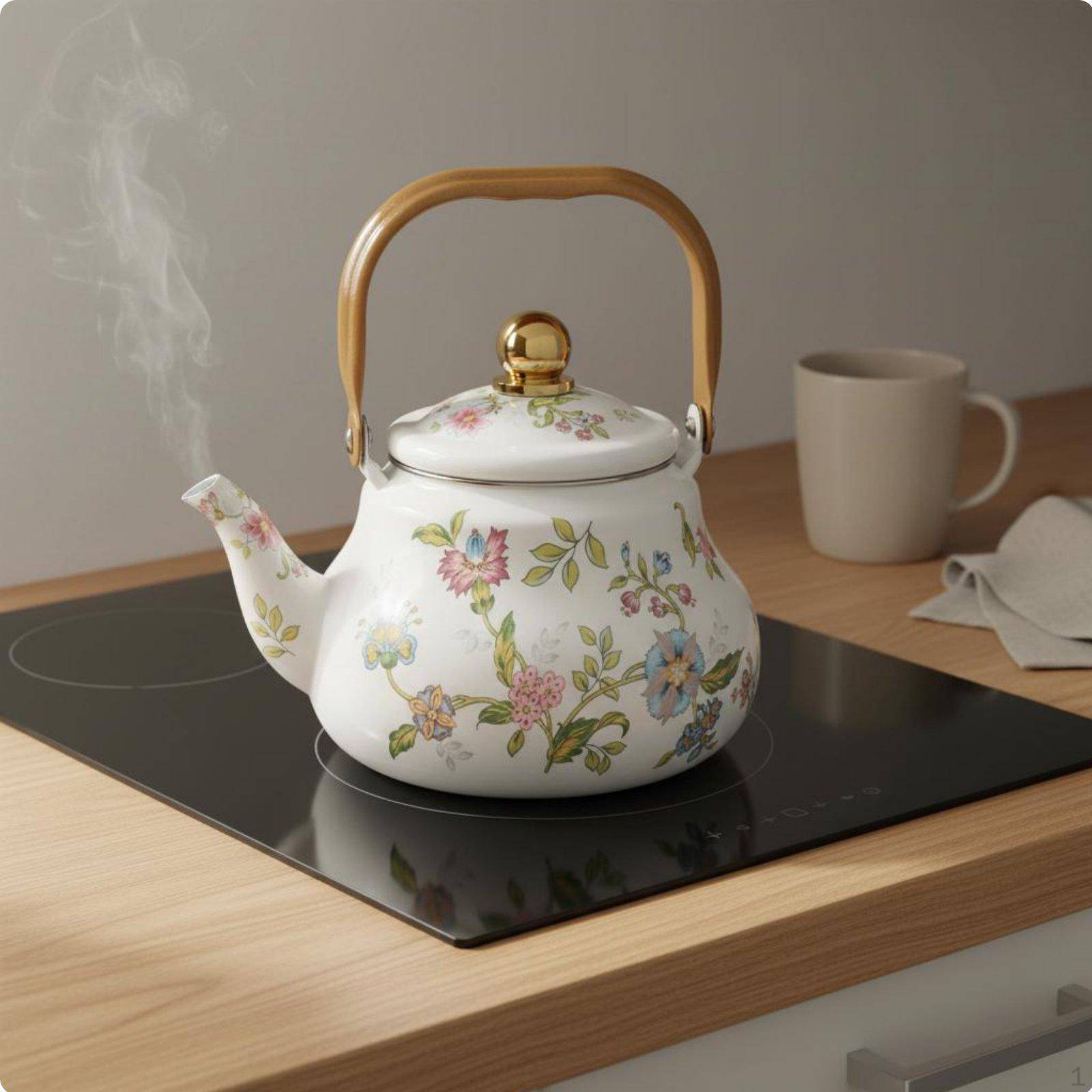 Blommigt emaljerat tekanna Mångsidig Vintage Spis Te-kanna Värmetåligt handtag