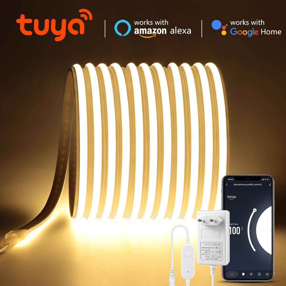 Premium Äkta Silikon Neon LED Ljusremsa 24V Tuya Smart WiFi APP Alexa Kontroll Självhäftande COB LED Tejp-Klippbar Vattentät
