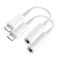 Hörlursadapter [Apple MFi-certifierad] 2 stycken Lightning till jack 3,5 adapter aux till 3,5 mm hörlursuttag, kompatibel med iPhone 14/13/12/11/XR/X/XS/8/7 stöder alla iOS