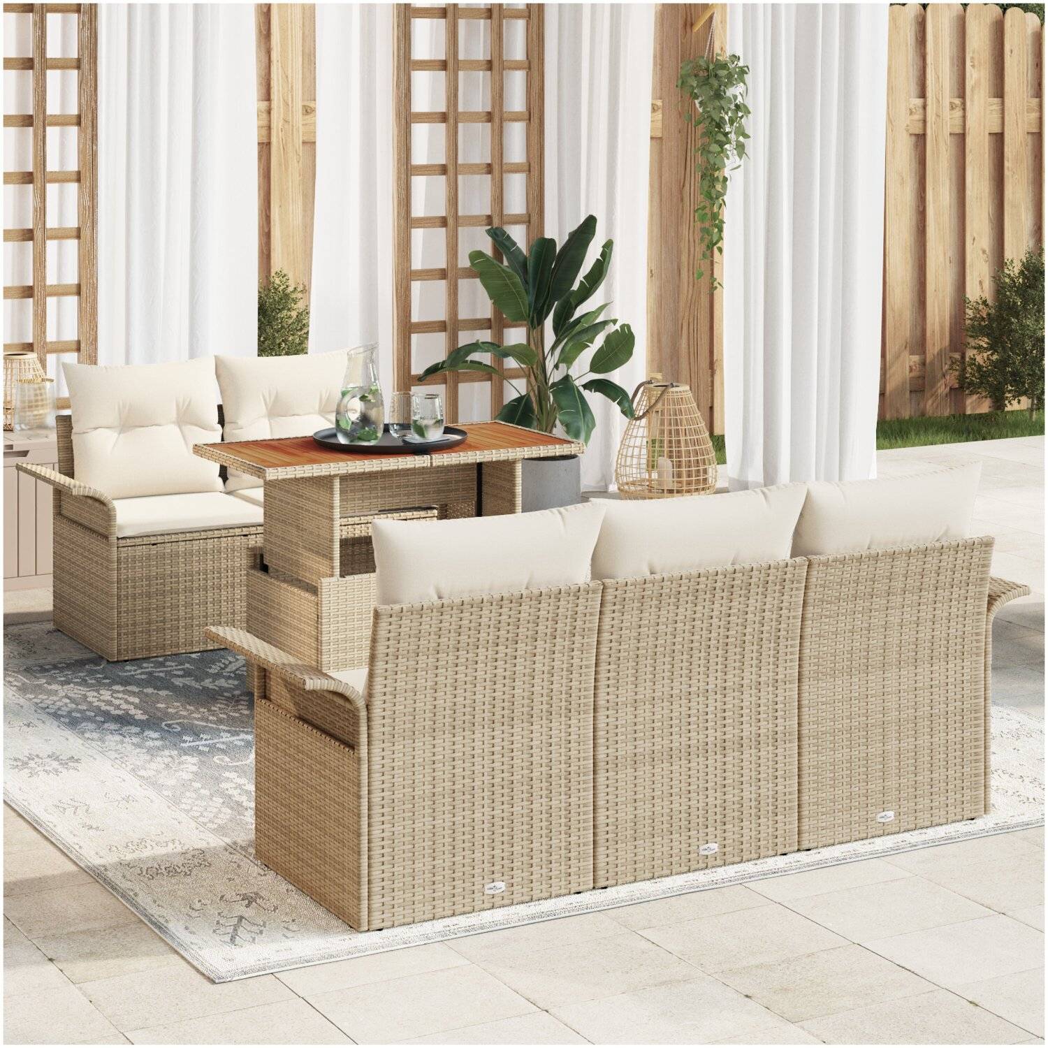 Trädgårdssoffgrupp vidaxl - 6 delad med kuddar i beige polyrotting och akacia 100 x 55 73 cm syntetisk poly rattan - Beige