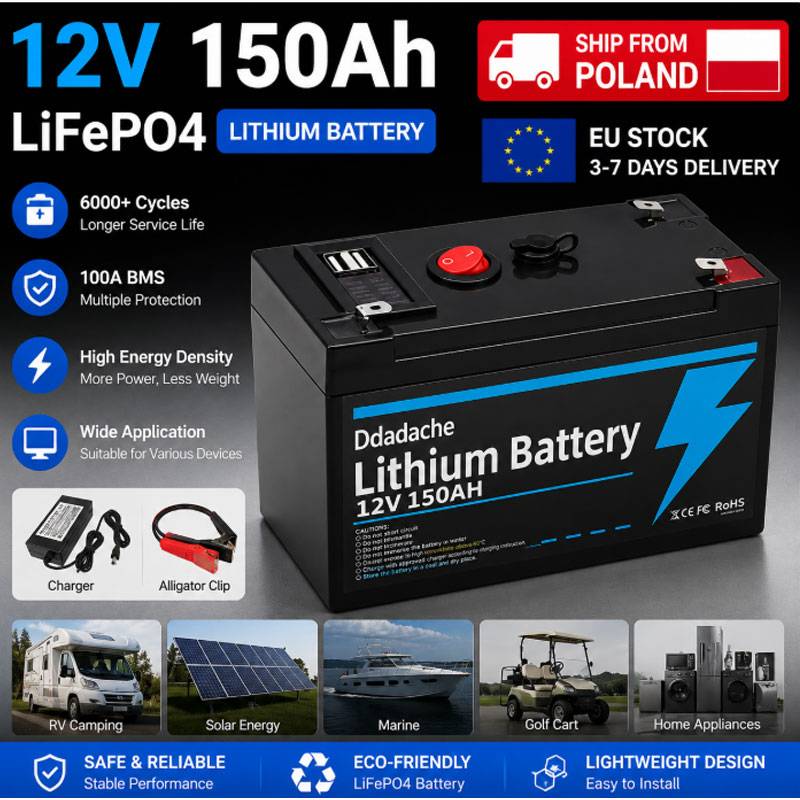 EU Stock 12V 150Ah LiFePO4 Lithium Battery With USB Port BMS Deep Cycle Solar Battery For Solar Charging Fish Finder Marine Camping Off-Grid Power