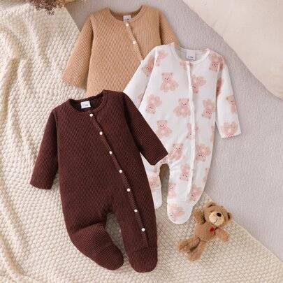 3-delat set för nyfödda flickor, höst/vinter, långärmade fotade bodysuits i ribbstickat med söt björntryck och knäppning fram - Multifärgad (6-9M,9-12M,0-1M,1-3M,3-6M)