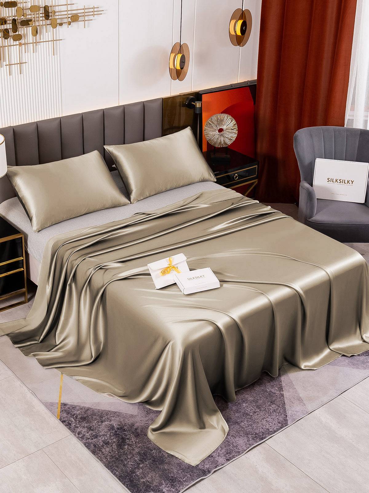 19Momme 3st Siden Sängkläder Set (Platt Lakan + 2x Örngott) - Kaki / 1.8m Säng(290x275cm+2x50x60cm)