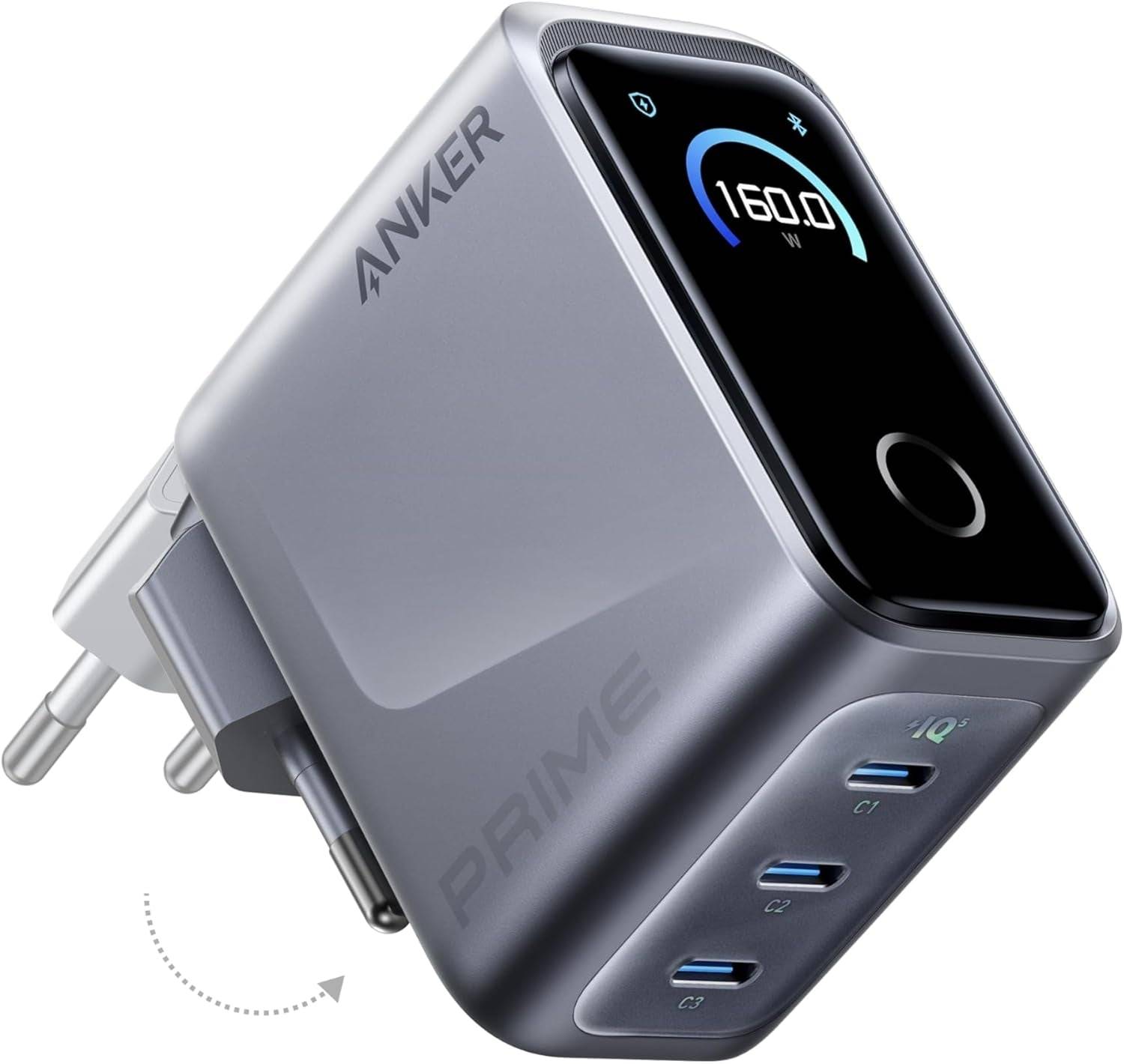 Anker Prime 160W USB C Charger, 3-Port GaN, Smart Display, Touch Control | Compact Laptop Charger, Ultra Fast 140W Charging at 1 Port, for MacBook Pro