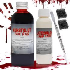 Halloween set med konstblod, realistisk 100 ml tvättbar falsk blod, halloween make-up falskt blod, 60 ml flytande latex med sminksvamp och spatel för zombie, vampyr, sårärr, cosplay och karneval