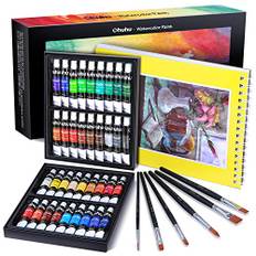 Ohuhu Akvarellfärger set 43, 36 färger vattenfärger (12 ml/rör) och 6 akvarellborstar och 1 akvarellpapper A4 (24 sidor) – giftfri, rikt pigment och snabbtorkande akvarell gåva för konstnärer