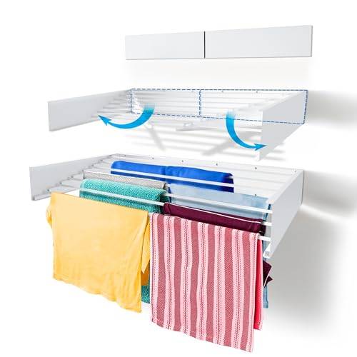 Step Up Wäscheständer - wandmontiert - ausziehbar - Wäscheständer klappbar, faltbar für drinnen oder draußen - platzsparendes, kompaktes Design, 30 kg Tragkraft, 8.4 m Leitung (120 cm - weiß)