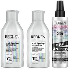 Redken Acidic Bonding Concentrate Shampoo, Conditioner and One United Multi-Benefit Leave-in Treatment Bond Repair Bundle