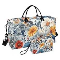 Personlig artikel resväska vår färgglad rustik blommig grå handbagage på helgväska sport gymväska med justerbar rem för resor vattentät, vår färgglad rustik blommig grå 55, Set of 2, Art déco