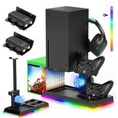 FYOUNG Vertikaler Ständer für Xbox Serie X mit Kühlventilator& RGB LED Lichtern, Ladestation mit Controller Ladegerät Dock &Game Storage Rack Organizer& Headset Stand mit 2 wiederaufladbarer Batterie