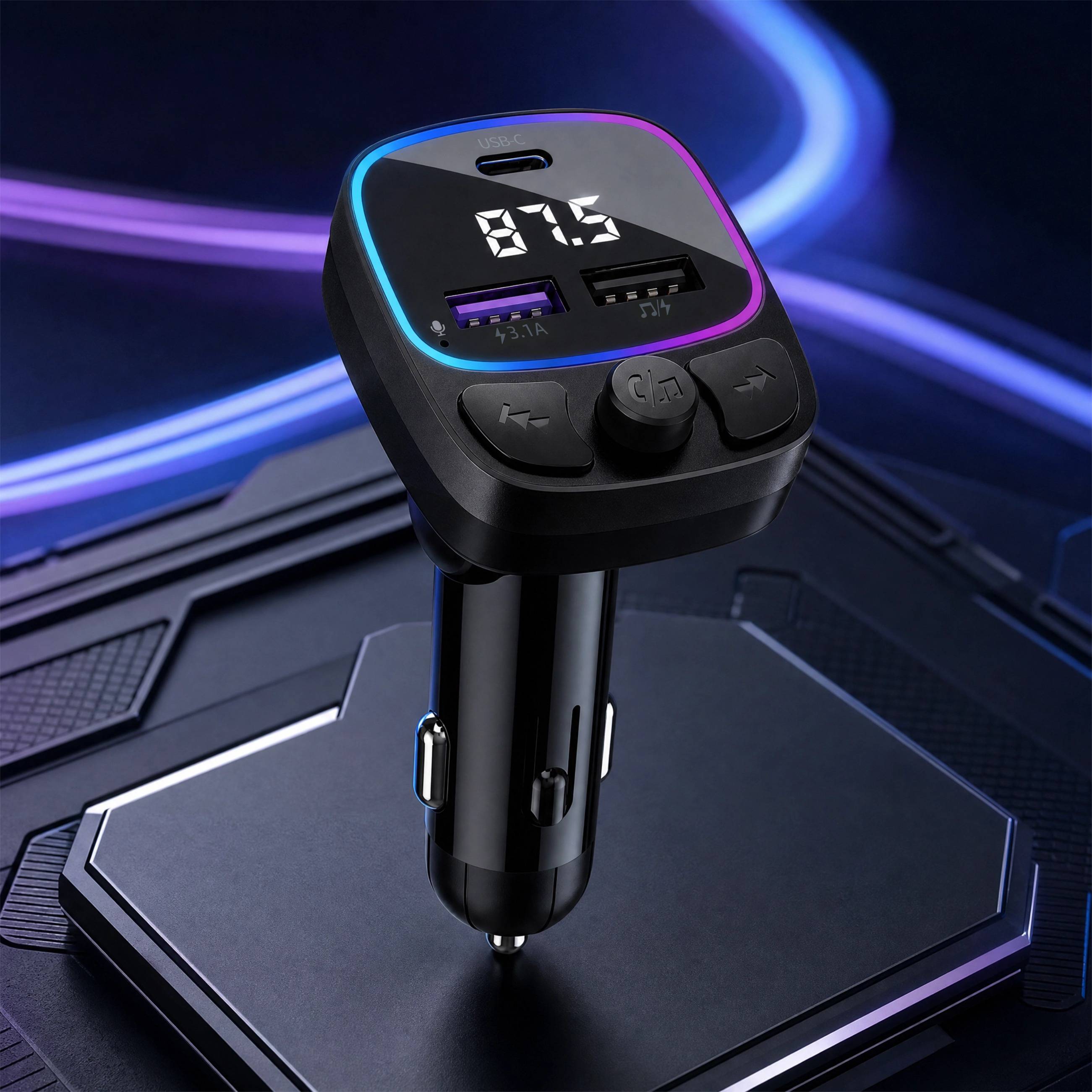 Bluetooth Foldable Car FM Transmitter Type C USB A Dual USB Charger Wireless Hands Free Audio Adapter LED Display for Vehicles