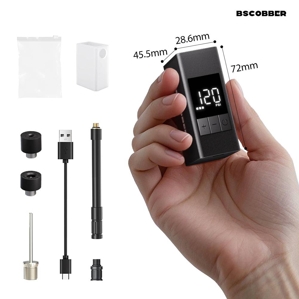BSCOBBER Portable Air Pump A3S Bicycle Digital Gauge Display Schrader Presta Tires Electric Tyre Inflator 120PSI Mini Pump