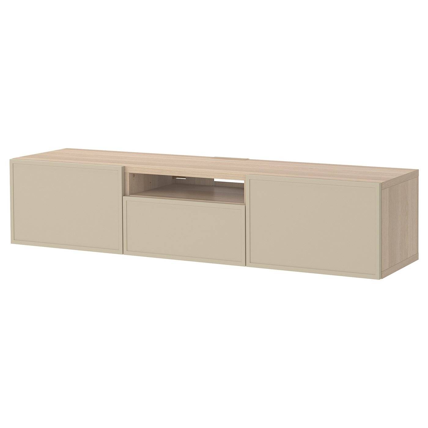 BESTÅ tv-bänk, vitlaserad ekeffekt/Krukmakare beige, 180x42x39 cm