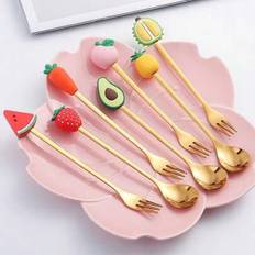 6/5/4/3/2/1 st. set med söta tecknade fruktgaffelskedar, fruktmönster, pudding, glass, dessert, nudlar, sallad, gyllene gaffelsked i rostfritt stål, f - Guld (Multi-size)