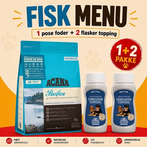 Menu til kræsne hunde - Acana Pacifica & Avlskovgaard topping med laks