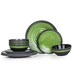 Moritz Camping Porslin av melamin för 4 personer 12 delar | diskmaskinssäkra | Picknick porslinsset | Porslin campingservis I Stone Green Design