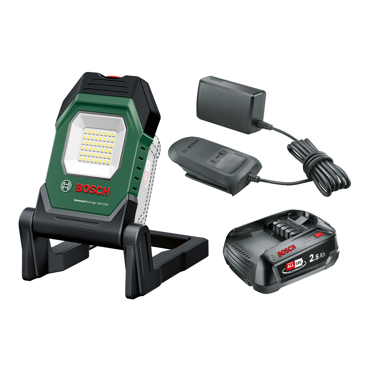 Bosch UniversalWorkLight 18V-2100 LED-Arbejdslampe med 2,5 Ah batteri og lader