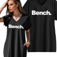 TEMU Women's Casual V-neck Short Sleeve Dress With "bench" Print - Breathable Stretch Fabric, , Machine Washable - Spring, Summer & Fall Workouts & Casual Attire, Workout Dress