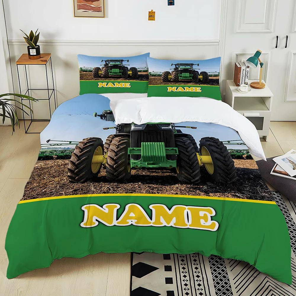 Ny! Personligt anpassat namn Retro Traktormönster Tryckt Säng 3-delat Set Barn Vuxen Mjuk Sängkläder Jul Halloween Present EU Double 200X200cm