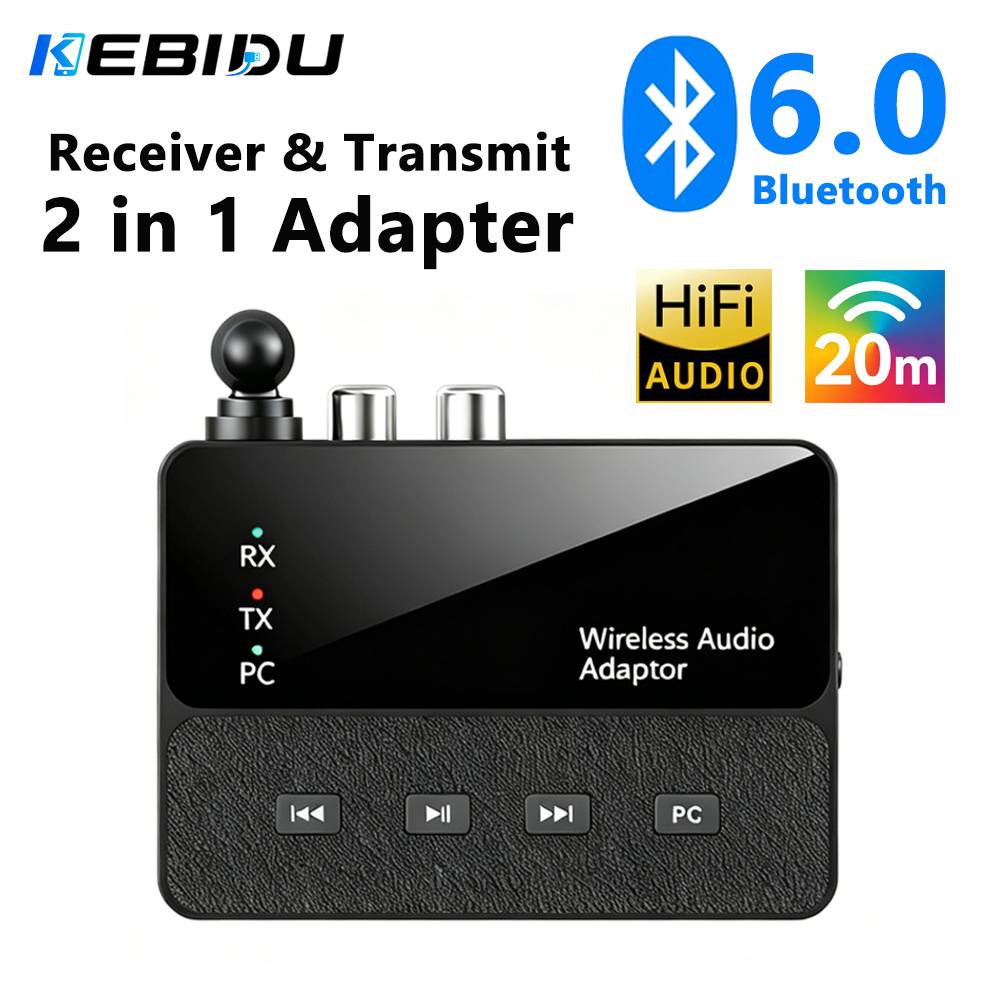 KEBIDU Bluetooth 6.0 Transmitter Receiver Low Latency Wireless Audio Adapter 3.5mm AUX RCA HIFI Lossless Sound For PC TV Speaker