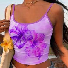 Vintage Casual Vacation Sexy Purple Hibiscus Tie-Dye Tie Dye Floral Print Watercolor Botanical Coconut Girl Boho Festival Women Contrast Color Camisol - Multicolor - L,M,S,XL,XS