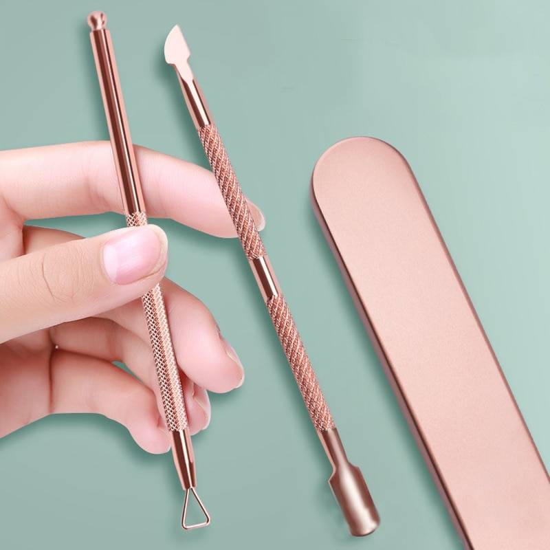 Dubbla ändar silver nagel nagelband remover stav rostfritt stål rosé guld stick stav nail art manikyr verktyg dubbla ändar ta bort lack - Silveruppsättning