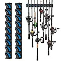 PLUSINNO Vertikal fiskespöhållare, 2-pack, väggmontering, fiskespöställ som rymmer upp till 18 spön eller spö-rulle-kombinationer, för garage, passar de flesta spön med 3–18 mm diameter