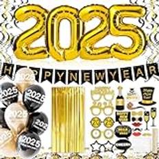 Nyårsafton dekoration 2025 dekorationsset, Happy New Year girlang nyår dekoration – med XXL folieballonger, serpentiner, latexballonger, konfetti, fotorekvisita tillbehör för nyårsafton