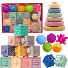 6-12 månaders babyleksaker, Montessorileksaker för 6-12 månaders spädbarn, inklusive stapelklossar och mjuka bitleksaker och sensoriska bollar, lämpli - Multifärgad (24 st)