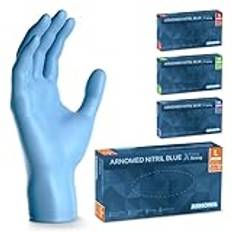 ARNOMED engångshandskar blå extra starka, engångshandskar i L, 50% tjockare nitrilhandskar, 100 st, puderfria engångshandskar, latexfria gummihandskar, engångshandskar i S, M, L & XL