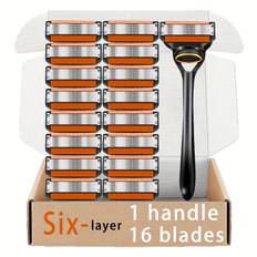 TEMU 16-head + 1 Handle/manual 6-layer Razor, Stainless Steel Blade, Men' Shaving High-end Razor, Blade Washed Replacement, Manual Hair Removal Too